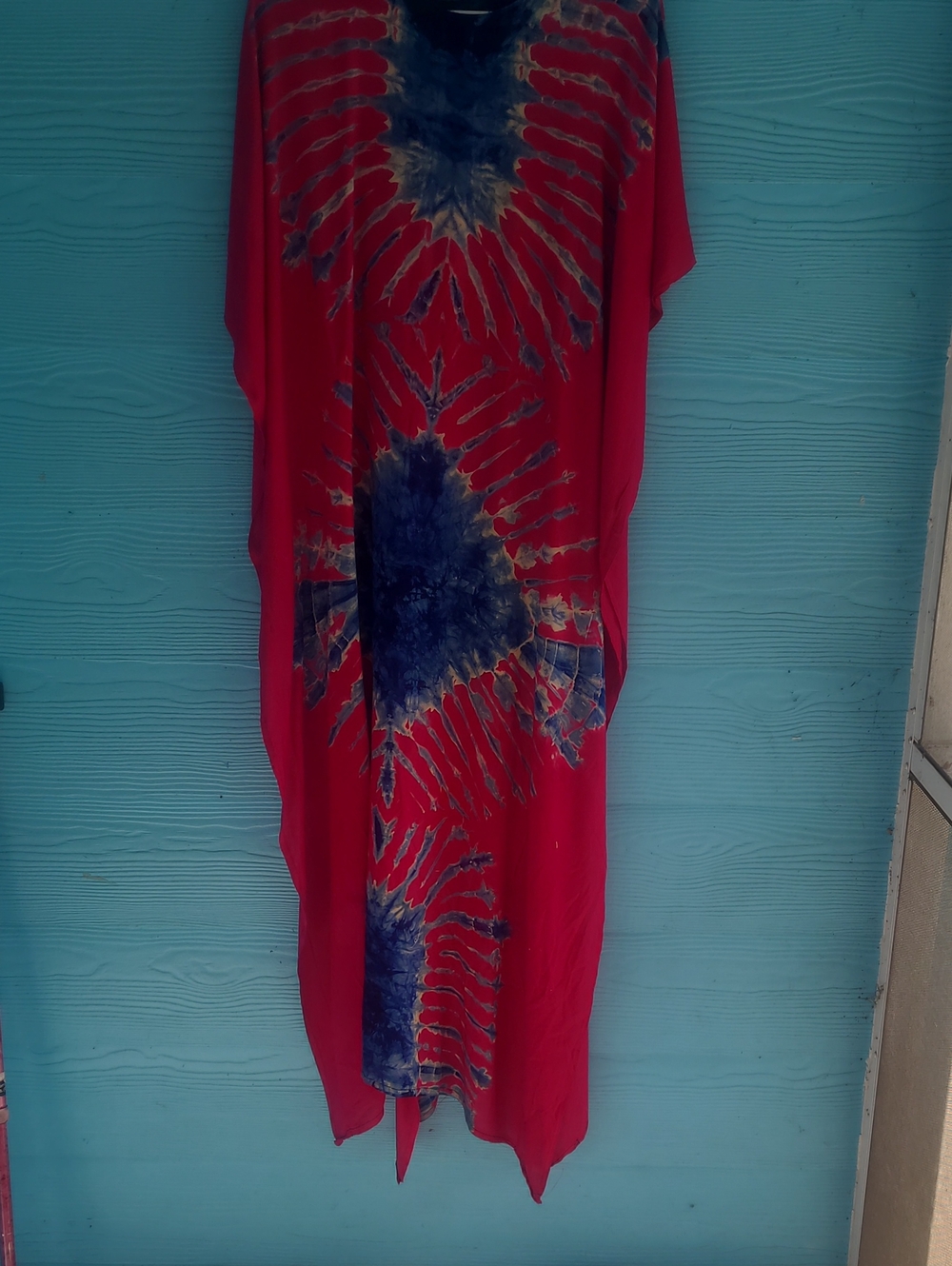 Red Tie-Dye Maxi Dress with Blue Accents